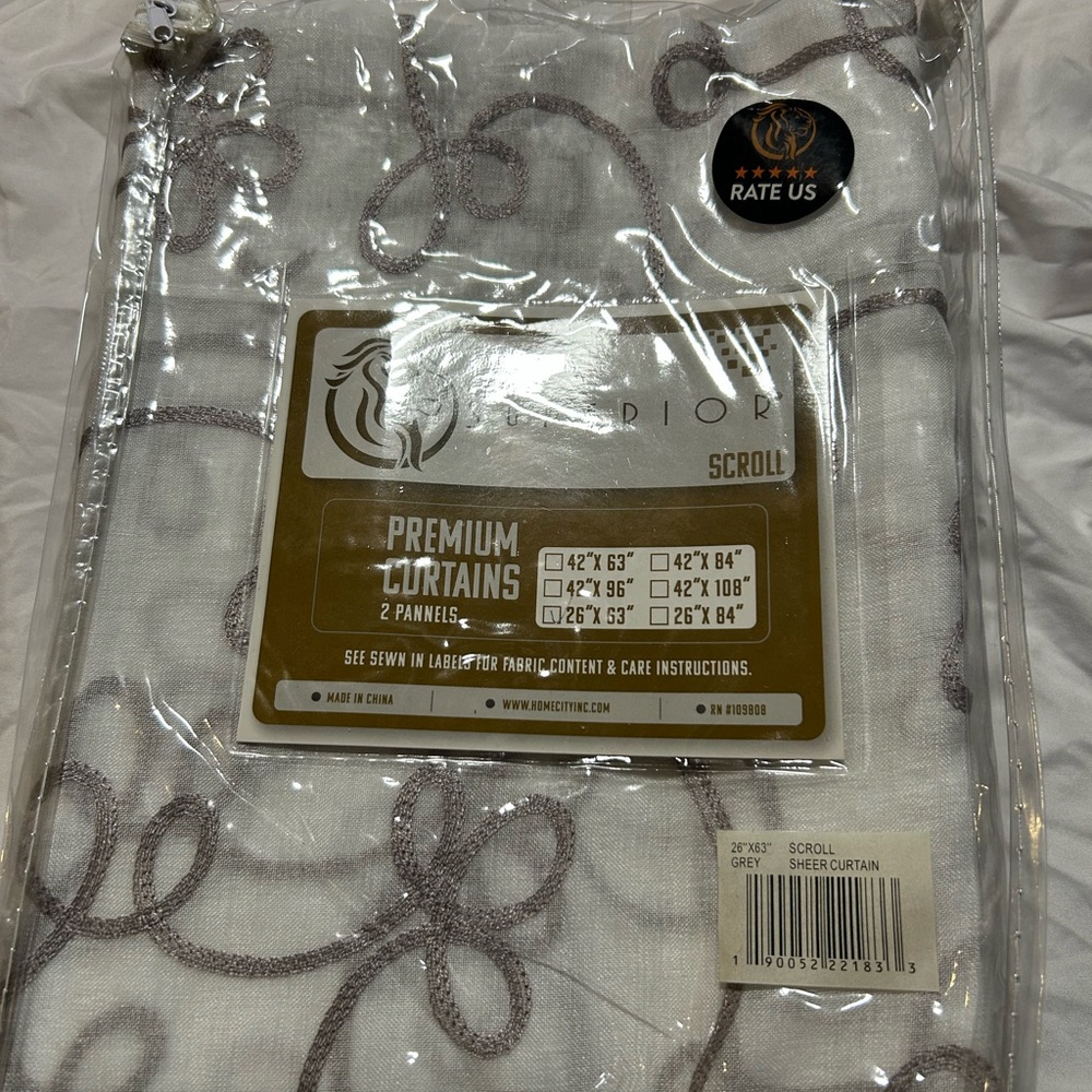 Superior Scroll Sheer Curtains Set of 2 Panels, 26”X 63", Grey New - Picture 2 of 5